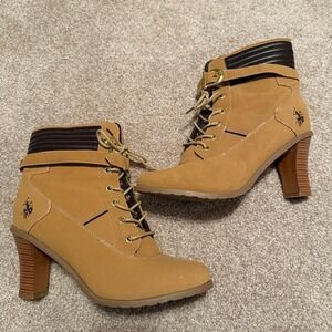 U.S. Polo Assn Ankle Boots High Heeled  Women's 9M Faux Leather Lace Up Tan